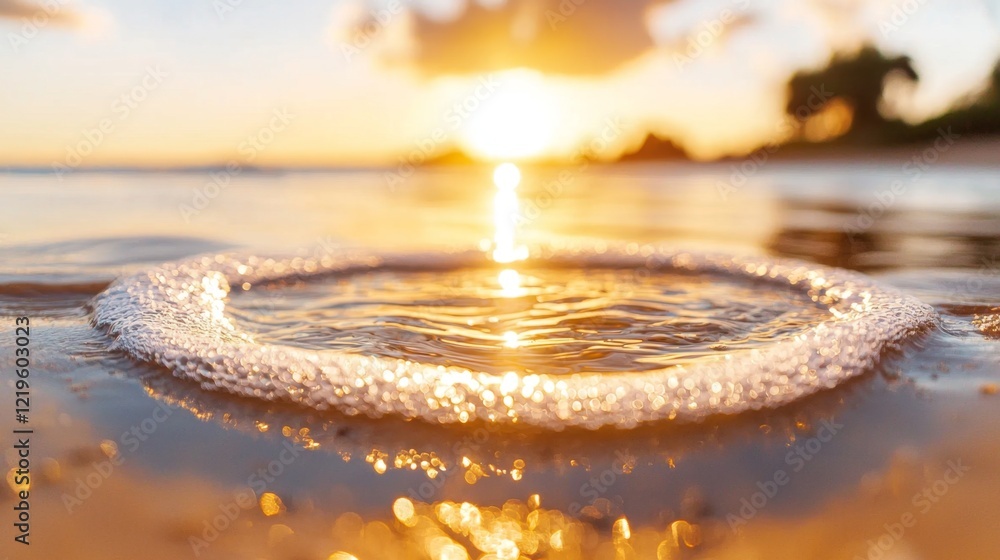 Poster  a beautiful sunset over the ocean with a ring of water in the foreground The sky is a mix of vibrant oranges, pinks, and purples, and the sun is setting in the bac