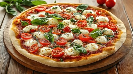 A photograph of an Italian pizza with mozzarella, tomatoes, and basil on top. The background is wooden