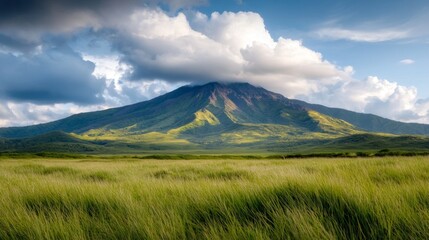 Fototapeta premium a grassy field with a mountain in the background, surrounded by lush green grass and trees The sky is filled with white, fluffy clouds, creating a peaceful atmosph