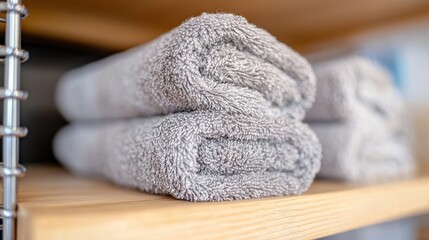  two white towels neatly folded and stacked on top of each other on a wooden shelf The background is slightly blurred, giving the focus to the towels