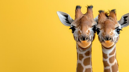  two giraffes standing next to each other on a bright yellow background, creating a cheerful and vibrant atmosphere