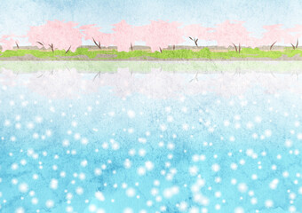 水彩風の桜並木の川の土手の風景イラスト
