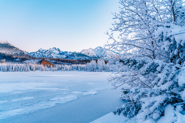 Frozen winter mountain lake Strbske pleso. Strbske lake with view of the High Tatras National Park, Slovakia
