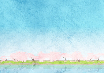 水彩風の桜並木の川の土手の風景イラスト