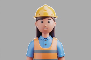A smiling female construction worker, wearing a yellow helmet and safety vest.