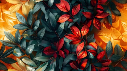 Vibrant autumn foliage pattern with red and teal leaves creating dramatic contrast against golden background, perfect for seasonal designs and nature-themed projects.