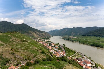 Landscape of Spitz an der Donau town in Austria with Danube river