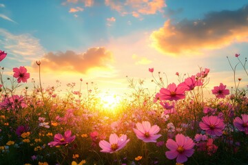Obraz premium Colorful wildflowers bloom in a vibrant field during sunset near a peaceful horizon