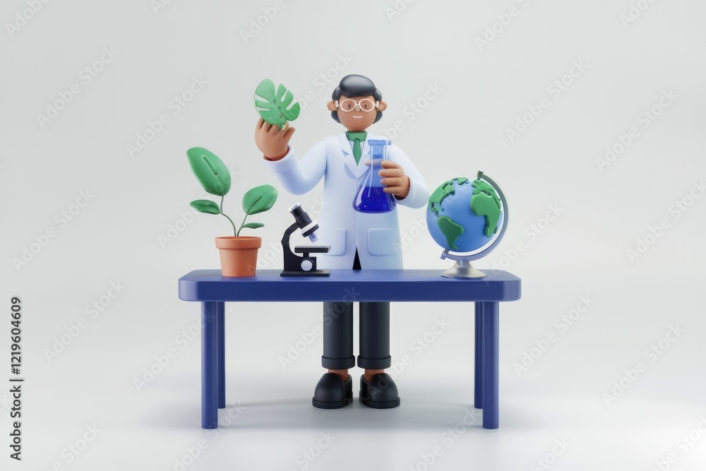 Poster a 3d cartoon scientist studies a leaf, holding a beaker and with a microscope and globe nearby, symb