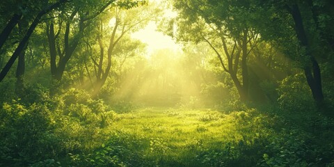 Obraz premium Sunlit Green Forest Path Morning Mist