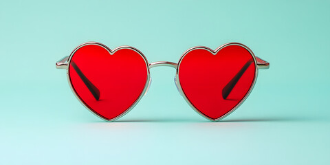 Heart-shaped sunglasses with red lenses against a light teal background. A stylish and fun accessory perfect for summer.