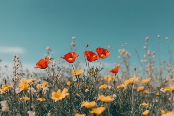 Red poppies bloom among wildflowers under a clear blue sky in springtime landscape