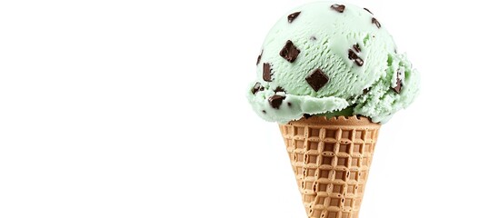 Mint chocolate chip ice cream in cone isolated on white background with clipping path, closeup view.