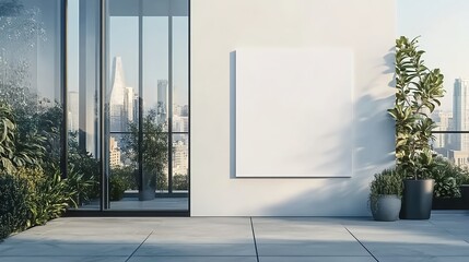  Photo of a blank white poster on the wall in an urban rooftop garden, with large windows overlooking city buildings. Web banner style. White background