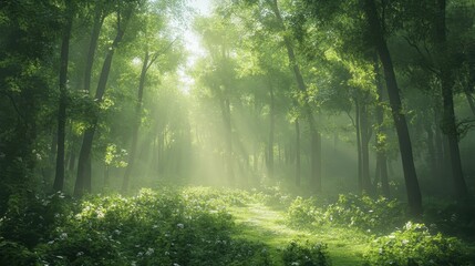 Fototapeta premium Sunlit Path Through A Misty Green Forest
