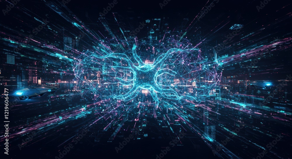 Poster futuristic neural network visualization with digital cityscape and autonomous vehicles