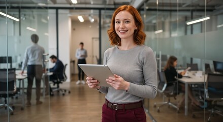 Confident young professional woman holding a tablet, surrounded by a collaborative workspace with colleagues. Perfect representation of teamwork, technology, and productivity in a modern business 