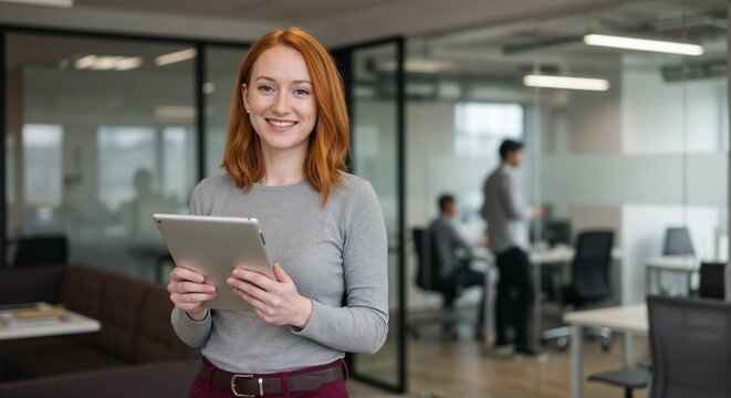 Confident young professional woman holding a tablet, surrounded by a collaborative workspace with colleagues. Perfect representation of teamwork, technology, and productivity in a modern business  - Powered by Adobe