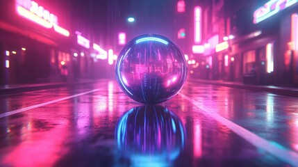 Cyberpunk sphere reflects neon city rain