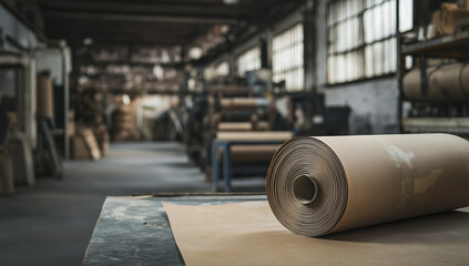Close-up of large roll of brown kraft paper in a factory with blurred background showing warehouse and loading dock