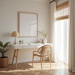 Mockup frame in cozy Scandinavian home office interior with minimalist modern workplace setup, 3d render.