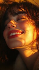 Smiling woman with freckles wearing a cozy sweater poses for a close-up portrait outdoors in autumn