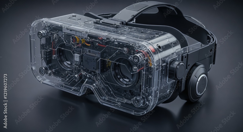 Poster transparent vr headset displaying intricate circuitry on dark background