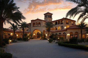 Obraz premium Luxury Desert Resort Evening Sunset Palm Trees Elegant Architecture Building Exterior Arabian Style Villa Hotel Mediterranean Style Grand Entrance Beautiful 
