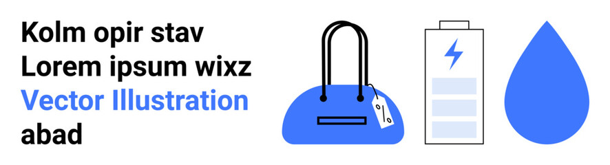 Handbag with price tag, battery icon, blue water drop, and placeholder text. Ideal for retail, shopping, energy conservation, sustainability, e-commerce environmental awareness and graphic design