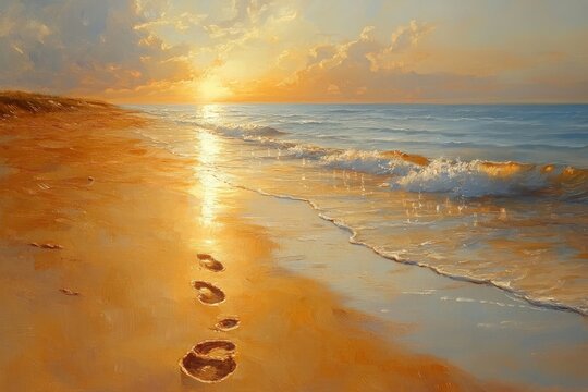 Serene beach at sunset with gentle waves and footprints in the sand