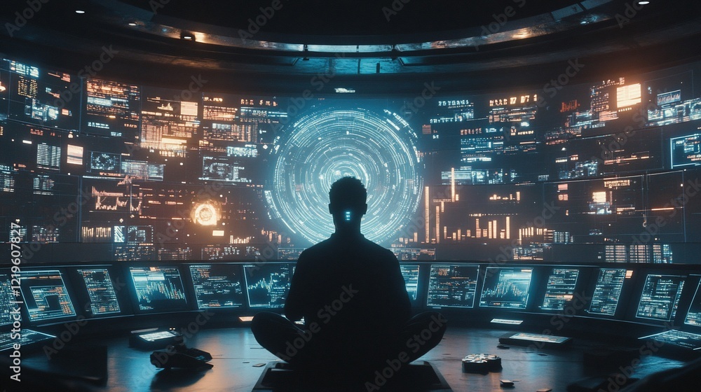Poster cyberpunk control room: a lone figure meditates before a vast, futuristic data screen displaying int