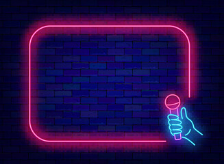 Stand up comedy neon advertising. Empty pink frame and hand with microphone. Vector stock illustration