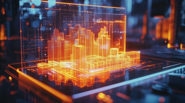 An AR display hovering above a tablet showcasing a 3D model of the factory layout. The screen features realtime updates on resource allocation with highlighted areas indicating material