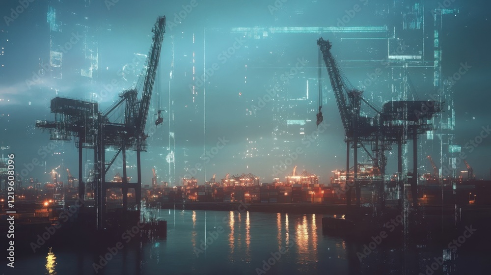 Poster futuristic container cranes are managing logistics at a smart port, utilizing advanced technology fo