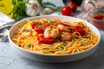 Delicious shrimp spaghetti with tomato sauce and parsley, Italian cuisine