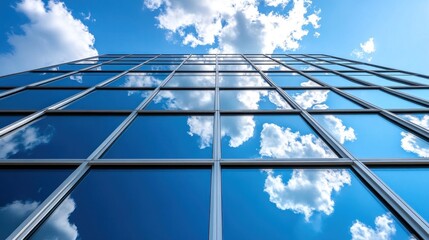 Glass facade reflects sky.