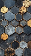 Fototapeta premium Hexagonal stone tiles with a mix of black and gold accents arranged in a geometric pattern