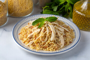 Bulgur pilaf with chicken and vermicelli. Turkish name; Tavuklu bulgur pilavi