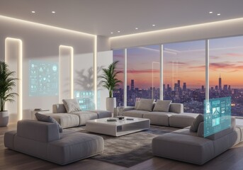Futuristic smart home interior with high-tech interfaces and cityscape views