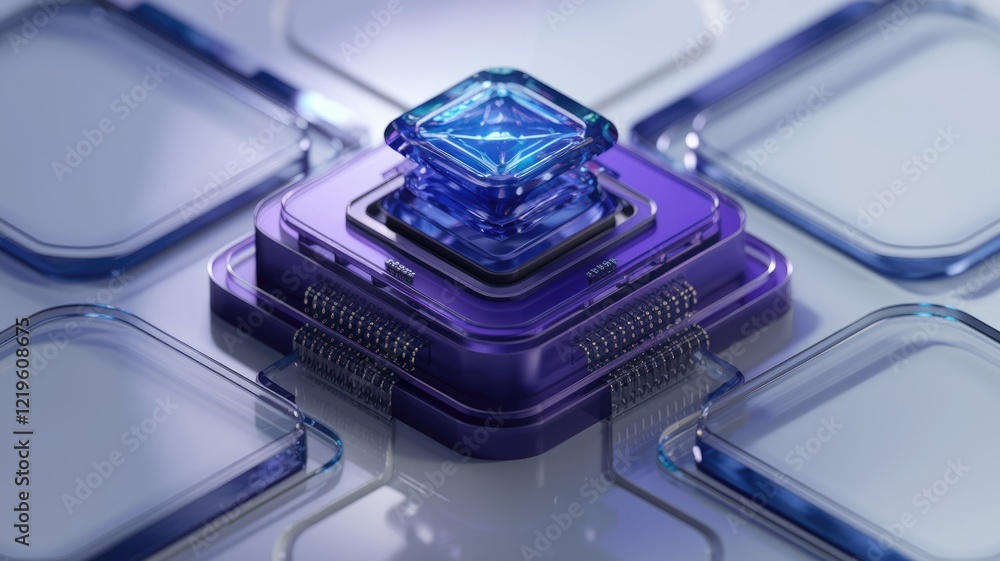 Poster A futuristic, layered technological device with a glowing blue crystal core, suggesting advanced computing or data processing.