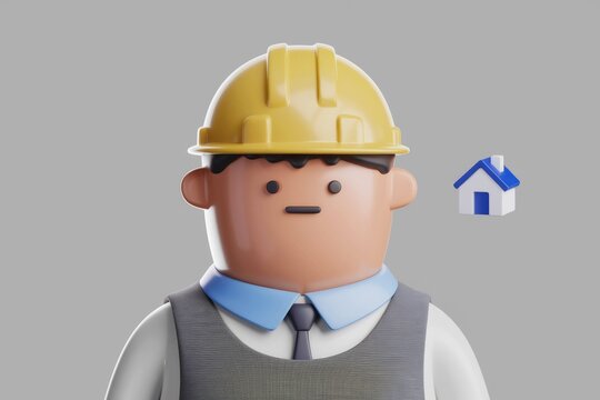 3D cartoon illustration of a construction worker, thinking about a house. - Powered by Adobe