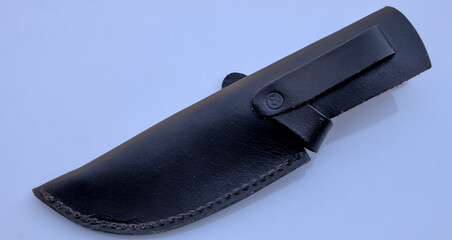 Bowie Knife Black Scabbard, Leather Sheath on White Background