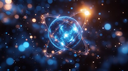 Glowing atom with orbiting rings.