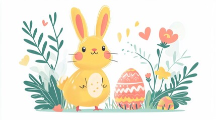 Obraz premium Happy Easter Cute Rabbit Chicken Rainbow Foliage Leaves