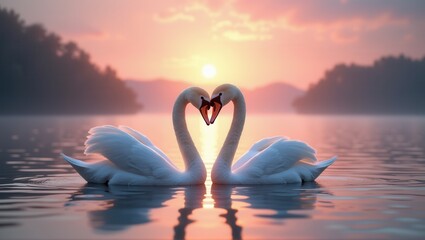 Two swans form a heart shape with their necks, floating on a serene lake during a beautiful sunset, symbolizing love and tranquility. Generative, AI,