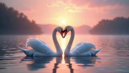 Fototapete Rund Two swans form a heart shape with their necks, floating on a serene lake during a beautiful sunset, symbolizing love and tranquility. Generative, AI, © Endry Creator