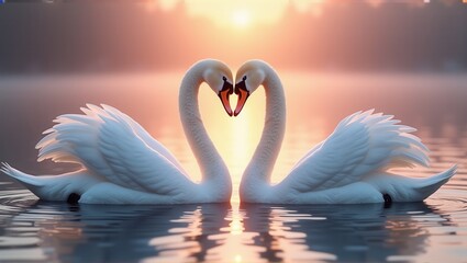 Fototapeta premium Two swans form a heart shape with their necks, floating on a serene lake during a beautiful sunset, symbolizing love and tranquility. Generative, AI,