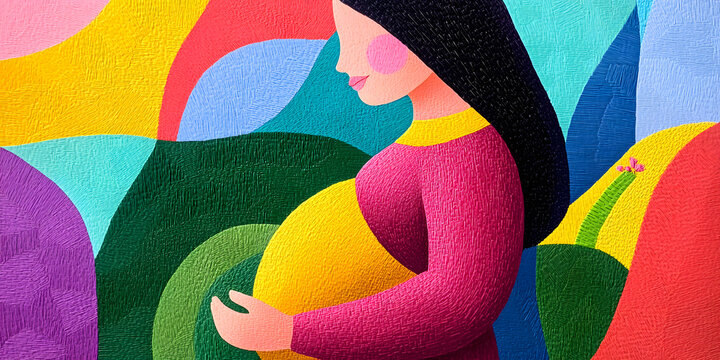 A pregnant woman is depicted in a vibrant, colorful abstract art style. The image is rich in texture and bold colors, symbolizing the joy and wonder of motherhood.