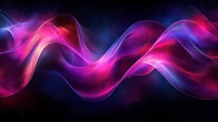 Abstract vibrant wave, pink, purple, blue glowing neon light, dark background.