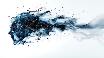Naklejka premium Abstract digital mind dissolving, futuristic concept, white background, for tech articles
